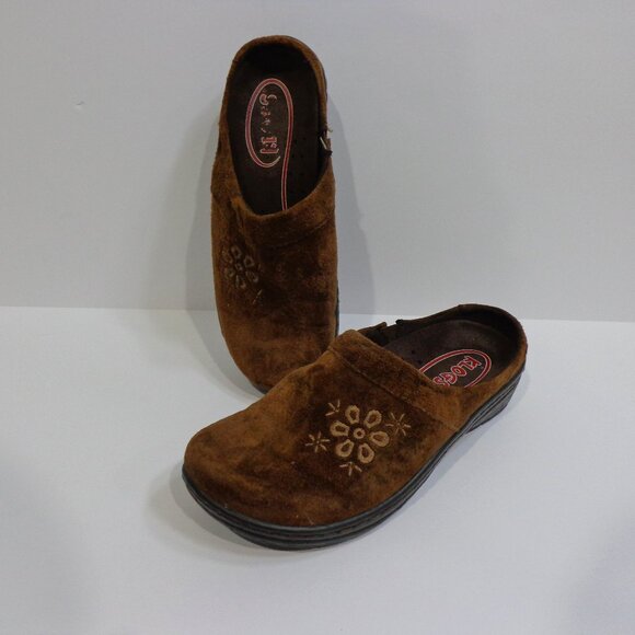 KLOGS Womens Brown Leather Suede Embroid Floral Mules Shoes Slip Resistant Sz 7M - Picture 1 of 7